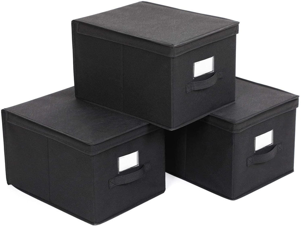 Boîtes de rangement pliables lot de 3 coffre de rangement tissu non-tissé avec couvercle et poignée dimensions 40 x 30 x 25 cm noir 12_0000085 - Helloshop26