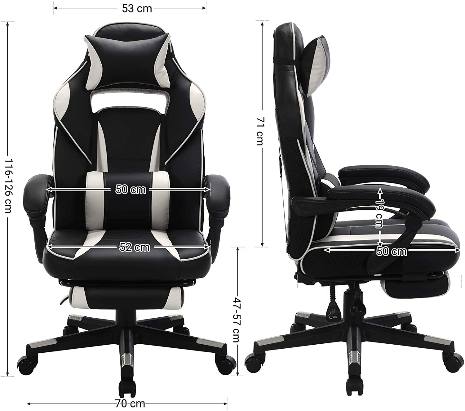 Fauteuil gamer chaise gaming siège de bureau réglable avec repose-pieds  télescopique ergonomique mécanisme basculent appui-tête support lombaire  charge 150 kg noir et blanc 12_0000398