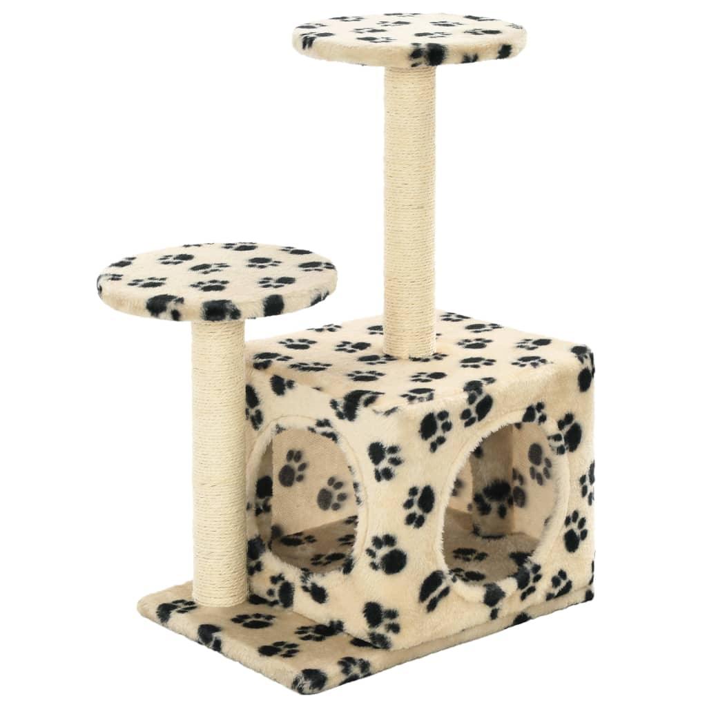 Arbre à chat griffoir grattoir niche jouet animaux peluché en sisal 60 cm beige motif de pattes 3702126 - Helloshop26