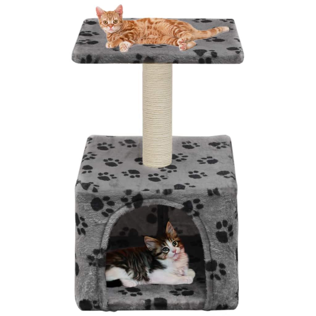 Arbre à chat griffoir grattoir niche jouet animaux peluché en sisal 55 cm gris motif de pattes 3702081 - Helloshop26