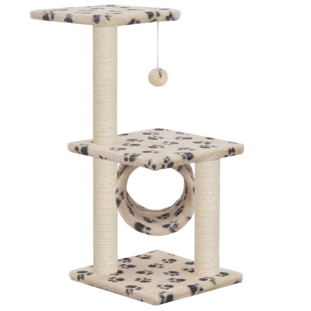 Arbre à chat griffoir grattoir niche jouet animaux peluché en sisal 65 cm beige motif pattes 3702152 - Helloshop26