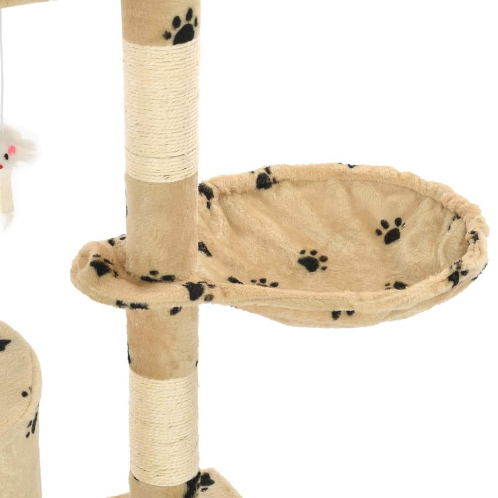 Arbre à chat griffoir grattoir niche jouet animaux peluché en sisal 138cm beige motif de pattes 3702039 - Helloshop26