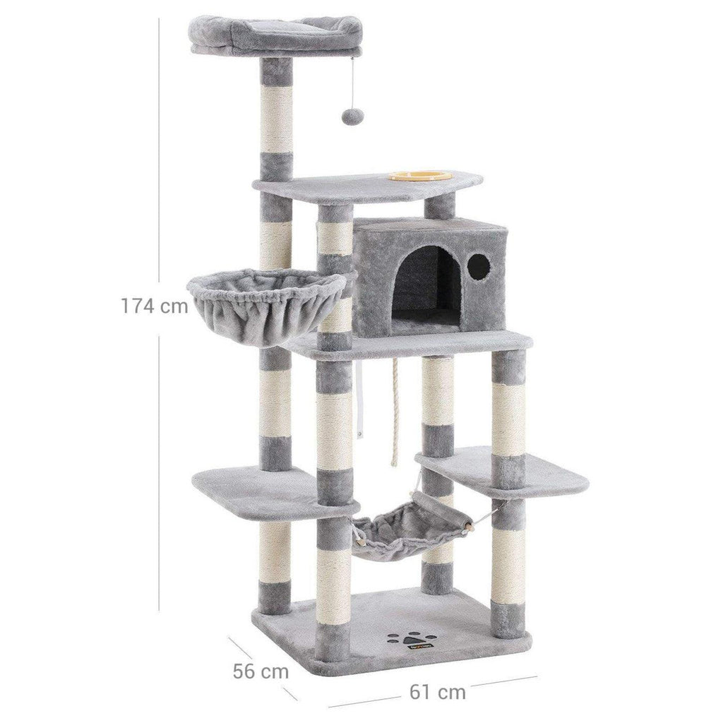 Arbre à chat hauteur de 174 cm multi-niveaux avec bol panier niche maison de jeu meubles pour chatons chats et félins couleur grise claire 12_0001175 - Helloshop26