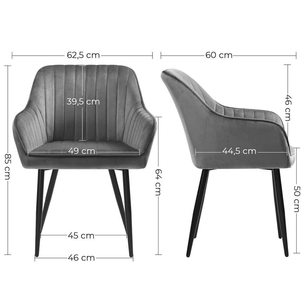 Chaise de salle à manger fauteuil siège rembourrée avec accoudoirs largeur d’assise 49 cm pieds en métal revêtement en velours charge 110 kg pour salon chambre gris clair ldc087g03 12_0002426 - Helloshop26