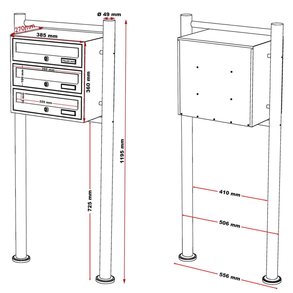 Bloc 3 boites aux lettres pied de support 3 compartiments superposé acier galvanisé anthracite 16_0000028 - Helloshop26